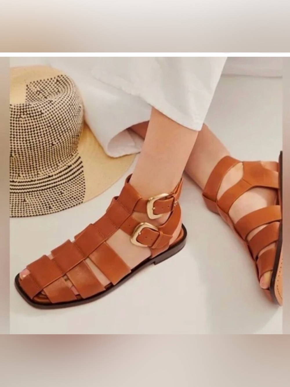 Sam Edelman Tan Leather Strappy Fisherman Sandals with Gold Buckles - Picture 12 of 12